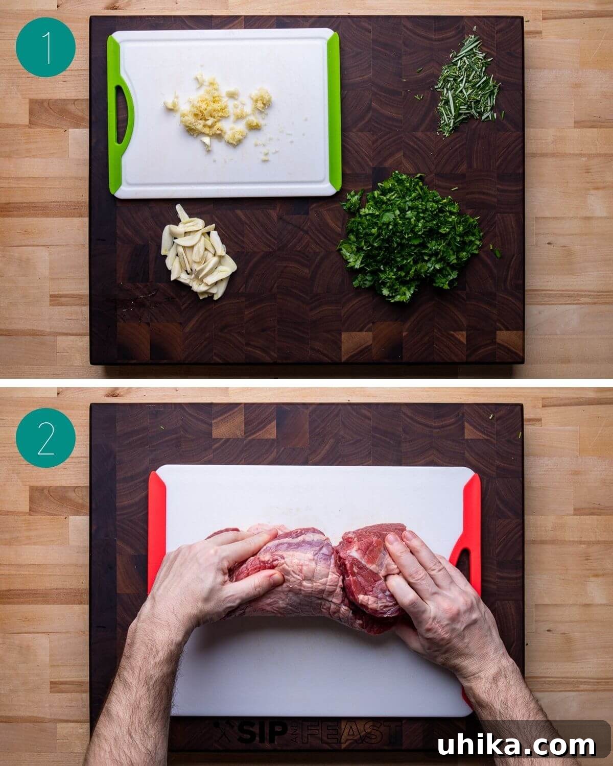 Garlic Rosemary Roasted Lamb Leg 4 Boneless leg of lamb recipe process shot collage group number one.