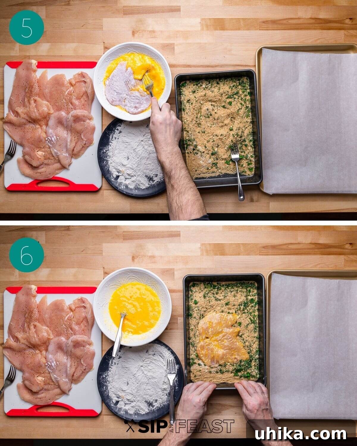 Caprese Chicken Milanese 6 Collage of breading process: floured chicken, dipping in egg, and coating in breadcrumbs.
