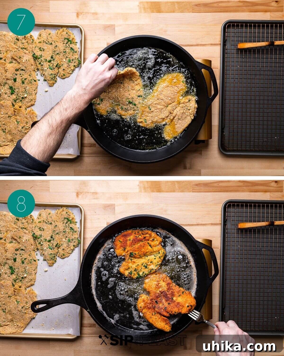 Caprese Chicken Milanese 7 Collage of chicken frying: carefully placing cutlet in hot oil, frying process, and flipping to cook other side.