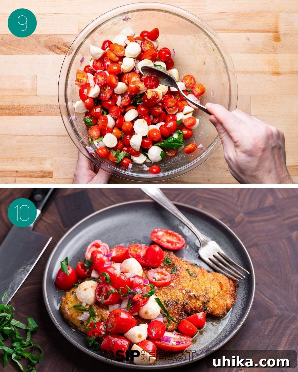 Caprese Chicken Milanese 8 Collage showing the Caprese salad with basil being added and a close-up of the juicy, marinated tomatoes and mozzarella.