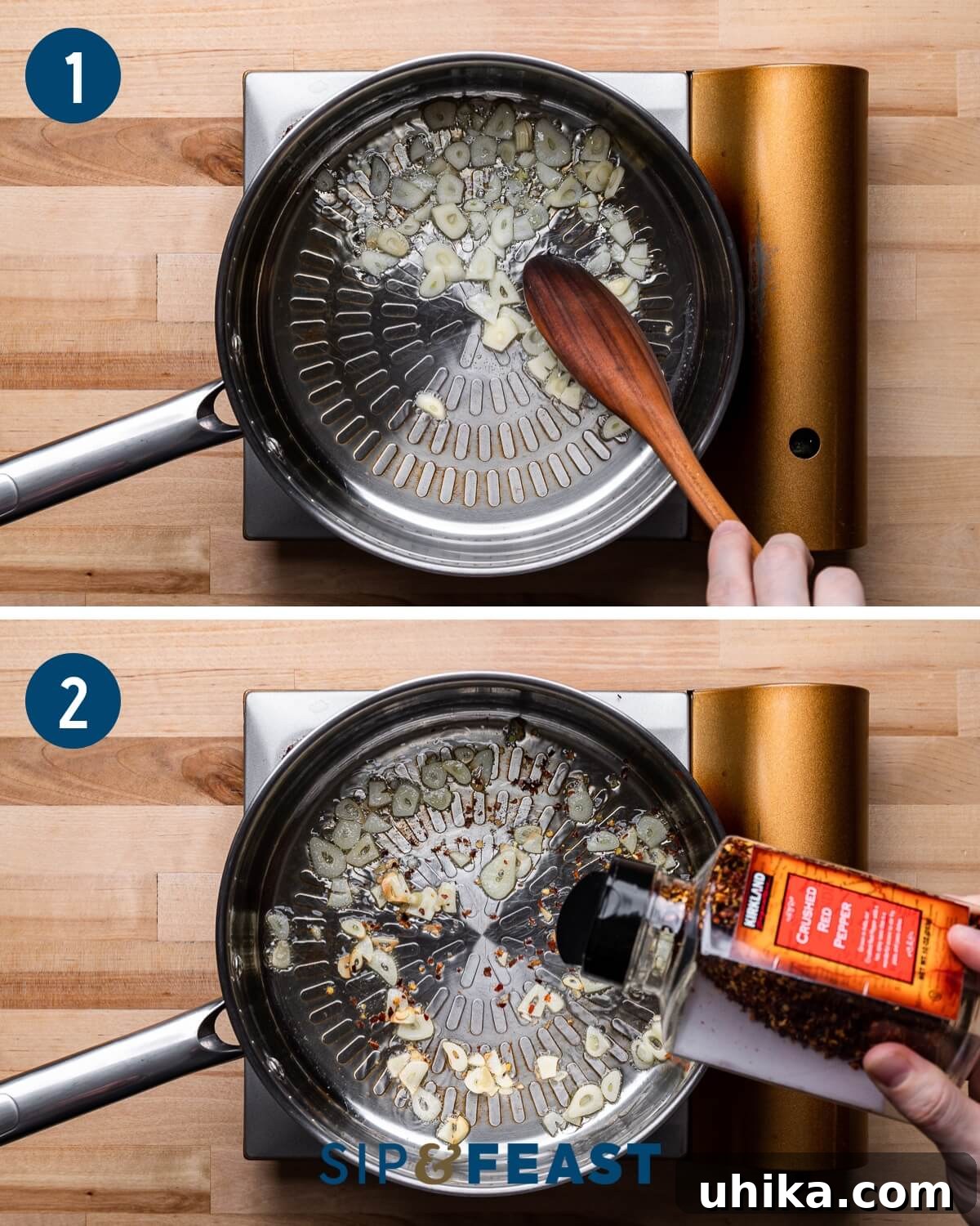 Pepperoni pinwheel recipe collage group one showing sauteing of garlic and adding hot red pepper flakes to the oil.