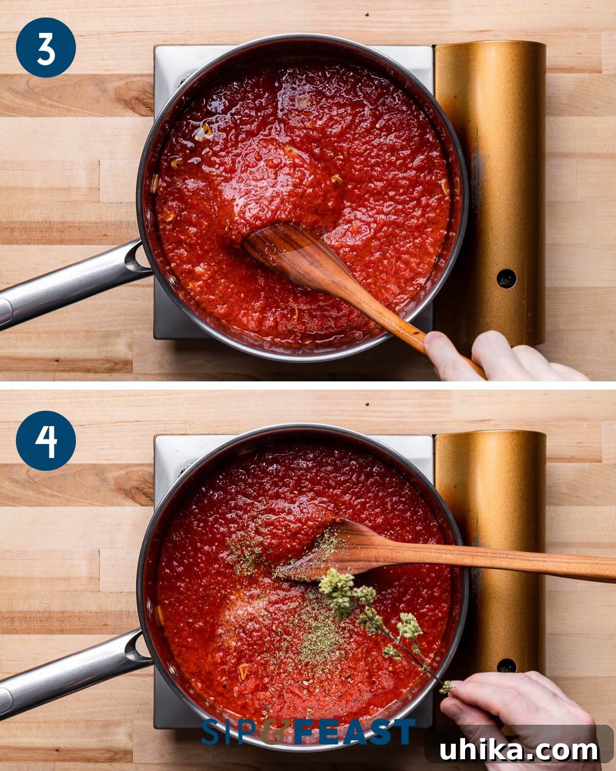 Recipe collage two showing simmering of sauce and adding Sicilian oregano.