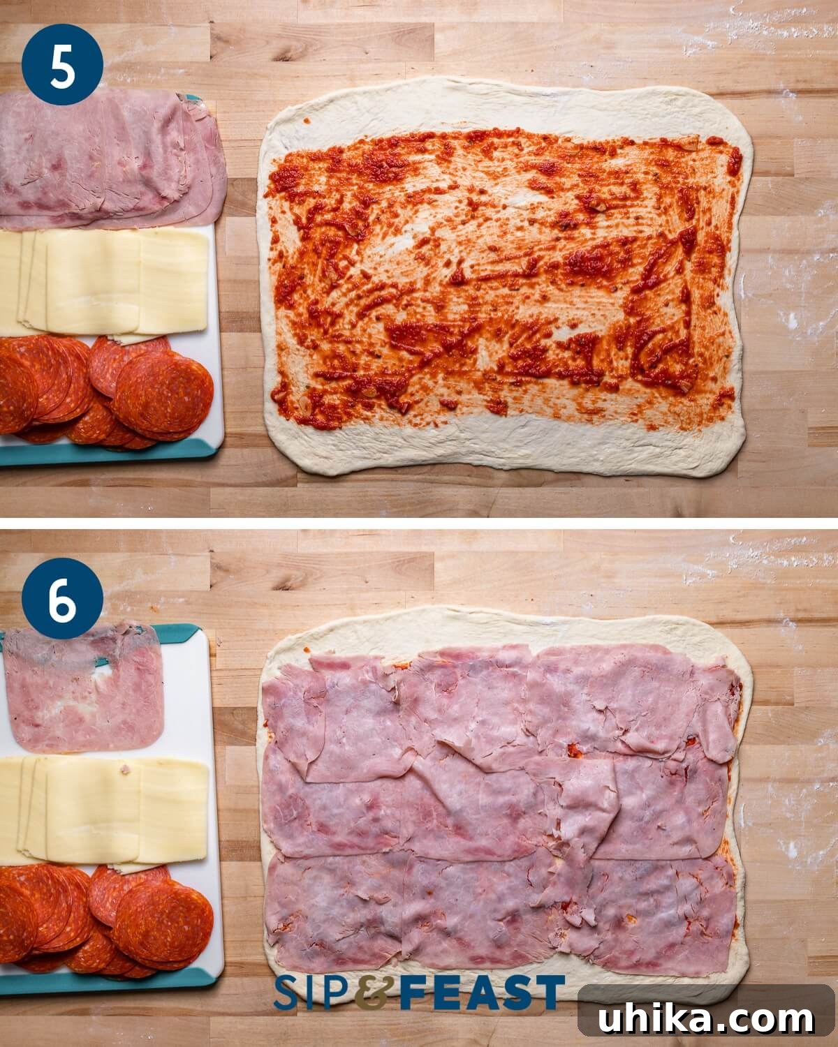 Recipe collage three showing spreading out sauce onto pizza dough and layering the ham on top.