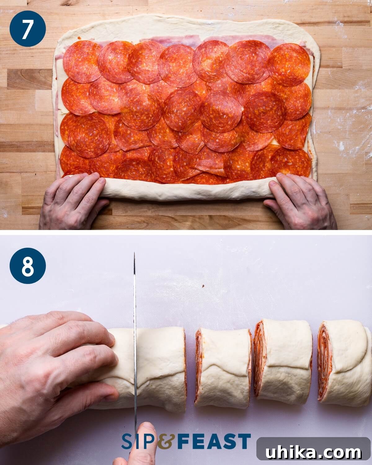 Recipe collage four showing rolling the pinwheel and cutting the roll into pieces.