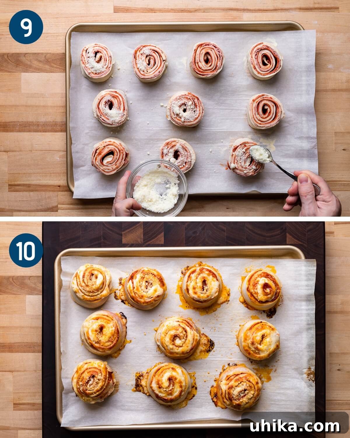 Recipe collage five showing sprinkling pecorino onto the rolls and the finished baked pinwheels.