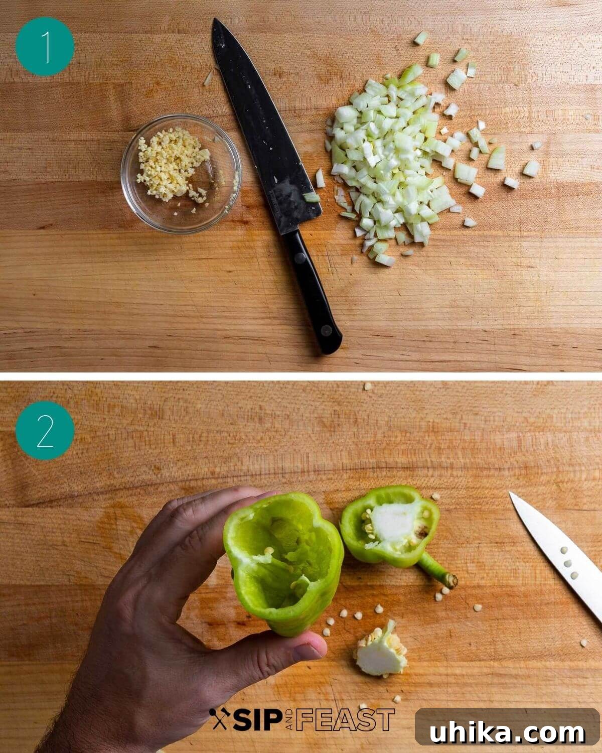 Cubanelle Comfort Boats 4 Mincing garlic and parsley, and dicing onion for the stuffed cubanelle pepper filling.