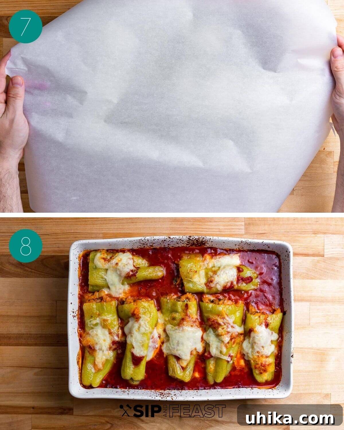 Cubanelle Comfort Boats 7 Stuffed cubanelle peppers covered with parchment and foil, ready for baking.