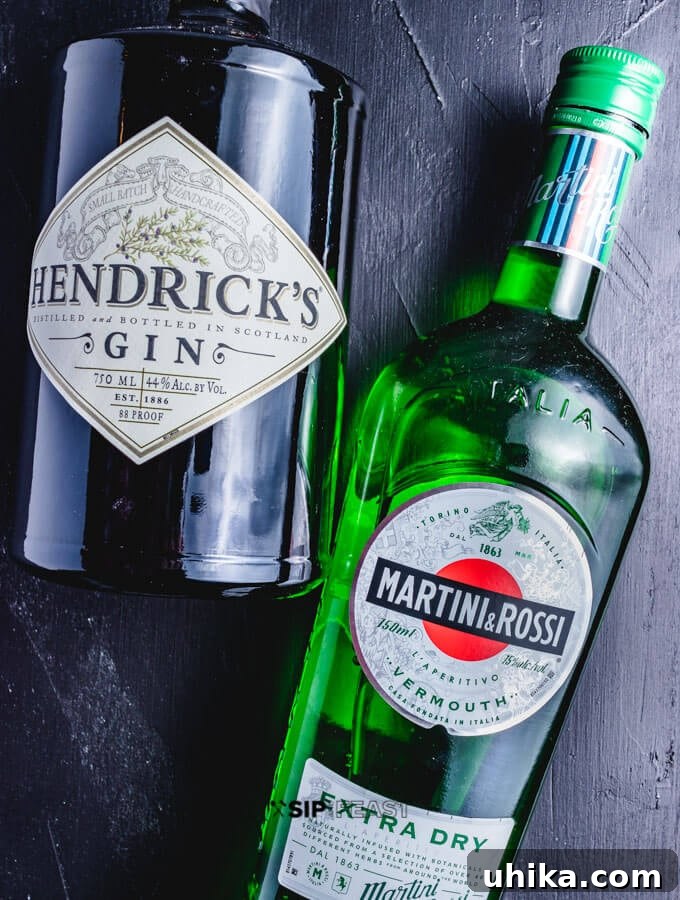Blue Cheese Olive Martini - sipandfeast.com #martini #cocktails #bluecheese #olives Bottles of premium Hendrick's Gin and Martini & Rossi Extra Dry Vermouth, the essential ingredients for a sophisticated gin martini.