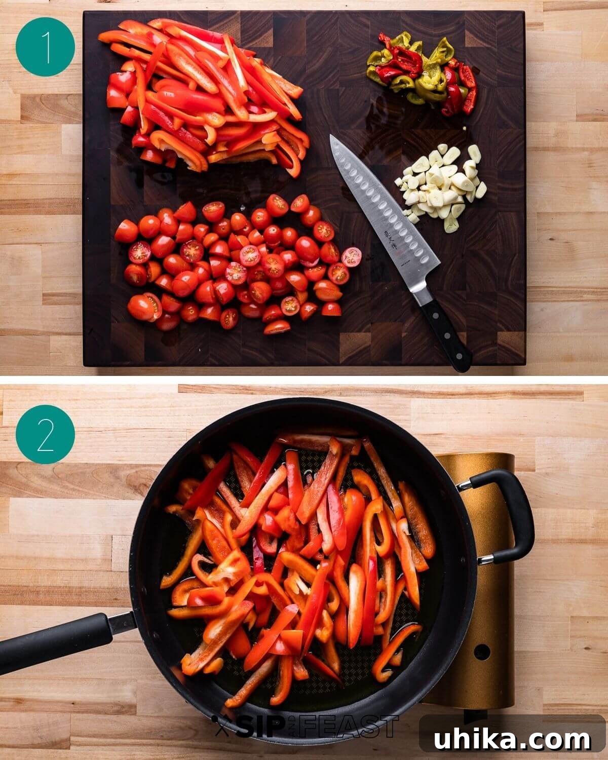 Zesty Cherry Pepper Preserve 4 Cherry pepper spread recipe process shot collage group number one, showing sliced bell peppers, chopped garlic, and halved cherry tomatoes.