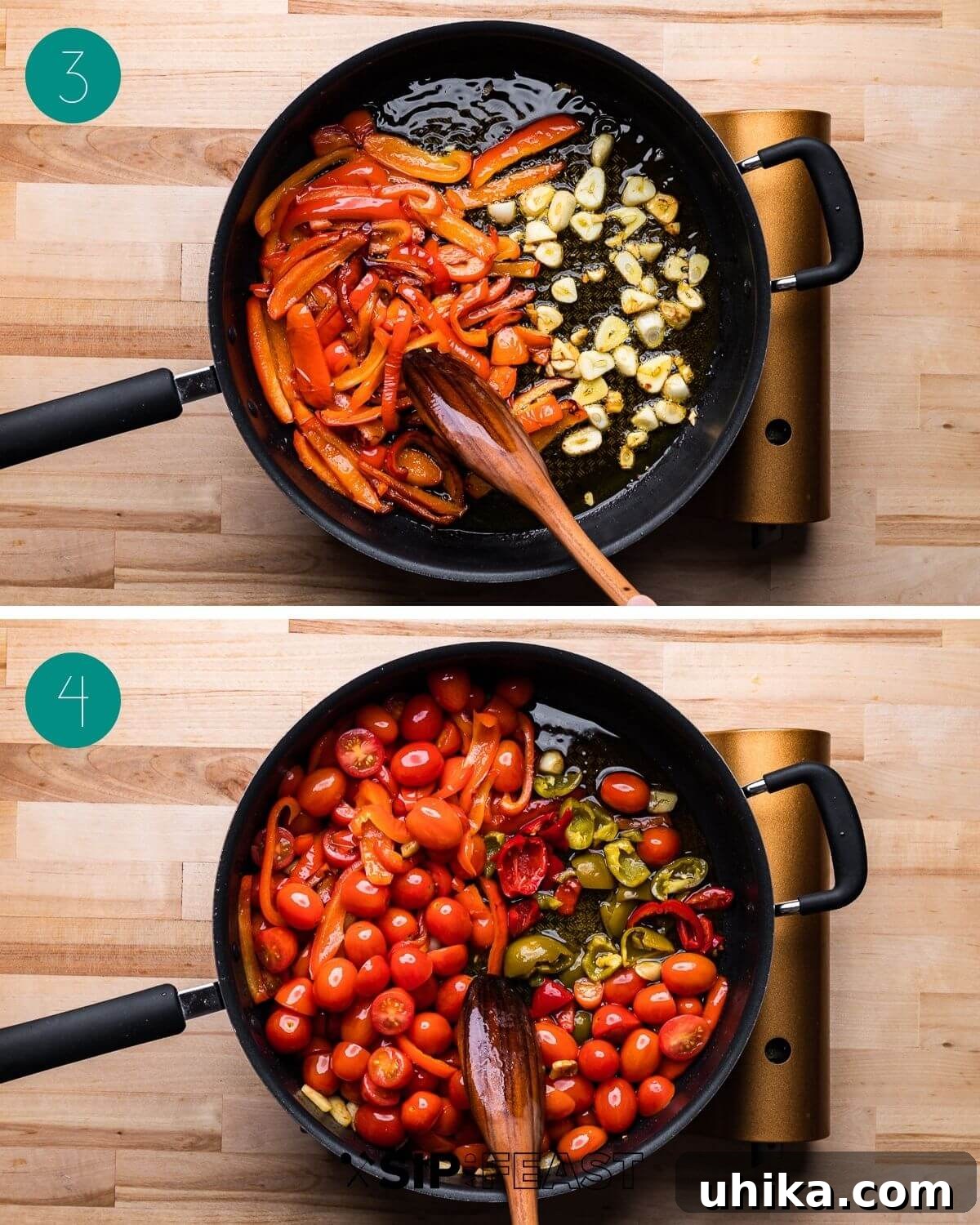 Zesty Cherry Pepper Preserve 5 Recipe process shot collage group number two, showing bell peppers sautéing and then garlic added to the pan.