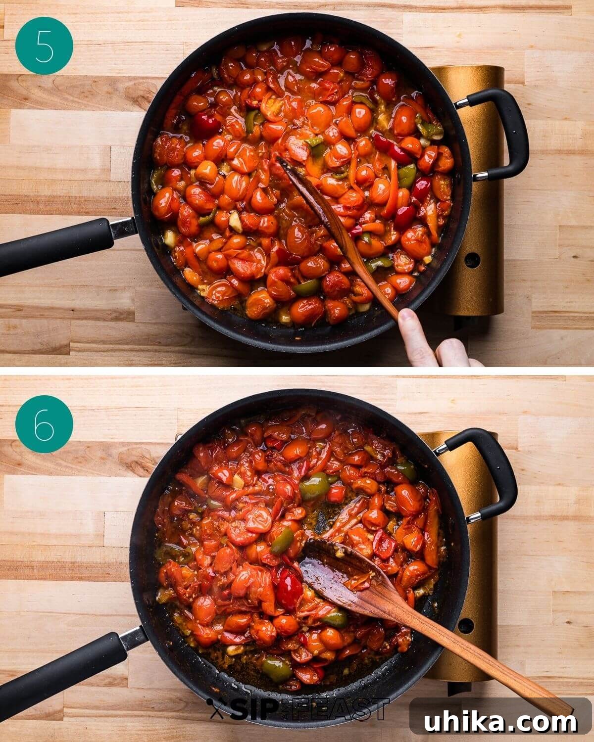 Zesty Cherry Pepper Preserve 6 Recipe process shot collage group number three, illustrating the addition of cherry peppers, then cherry tomatoes, and the simmering process.
