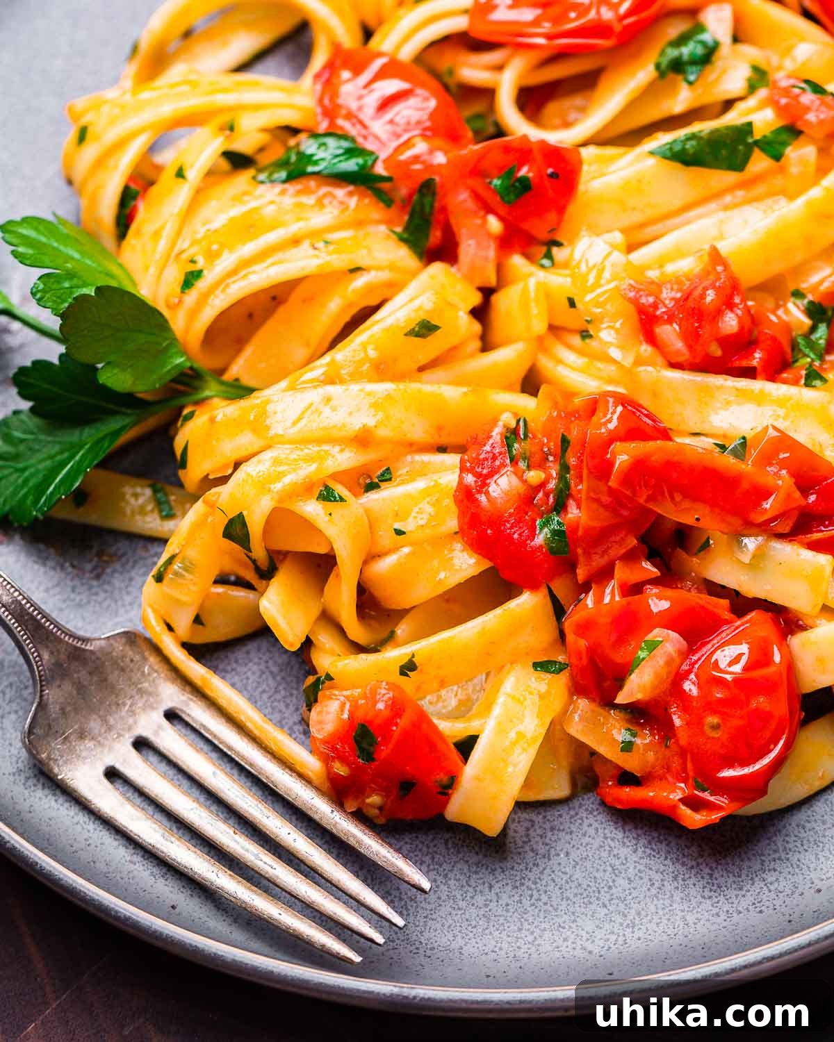 Blushing Cherry Tomato Butter Fettuccine 2 Fettuccine with cherry tomato butter sauce served in a grey plate, garnished with fresh herbs.