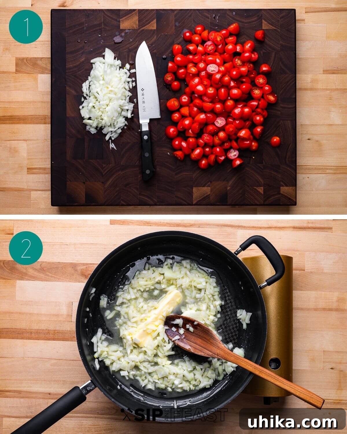 Blushing Cherry Tomato Butter Fettuccine 4 A collage showing the initial steps of the recipe: sliced cherry tomatoes and diced onion.