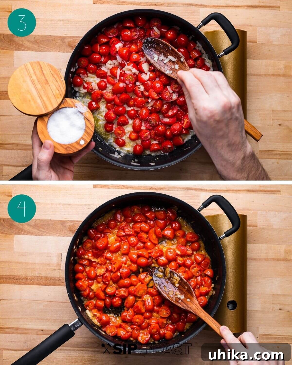 Blushing Cherry Tomato Butter Fettuccine 5 A collage showing cherry tomatoes cooking in butter with onion in a pan, forming the sauce.