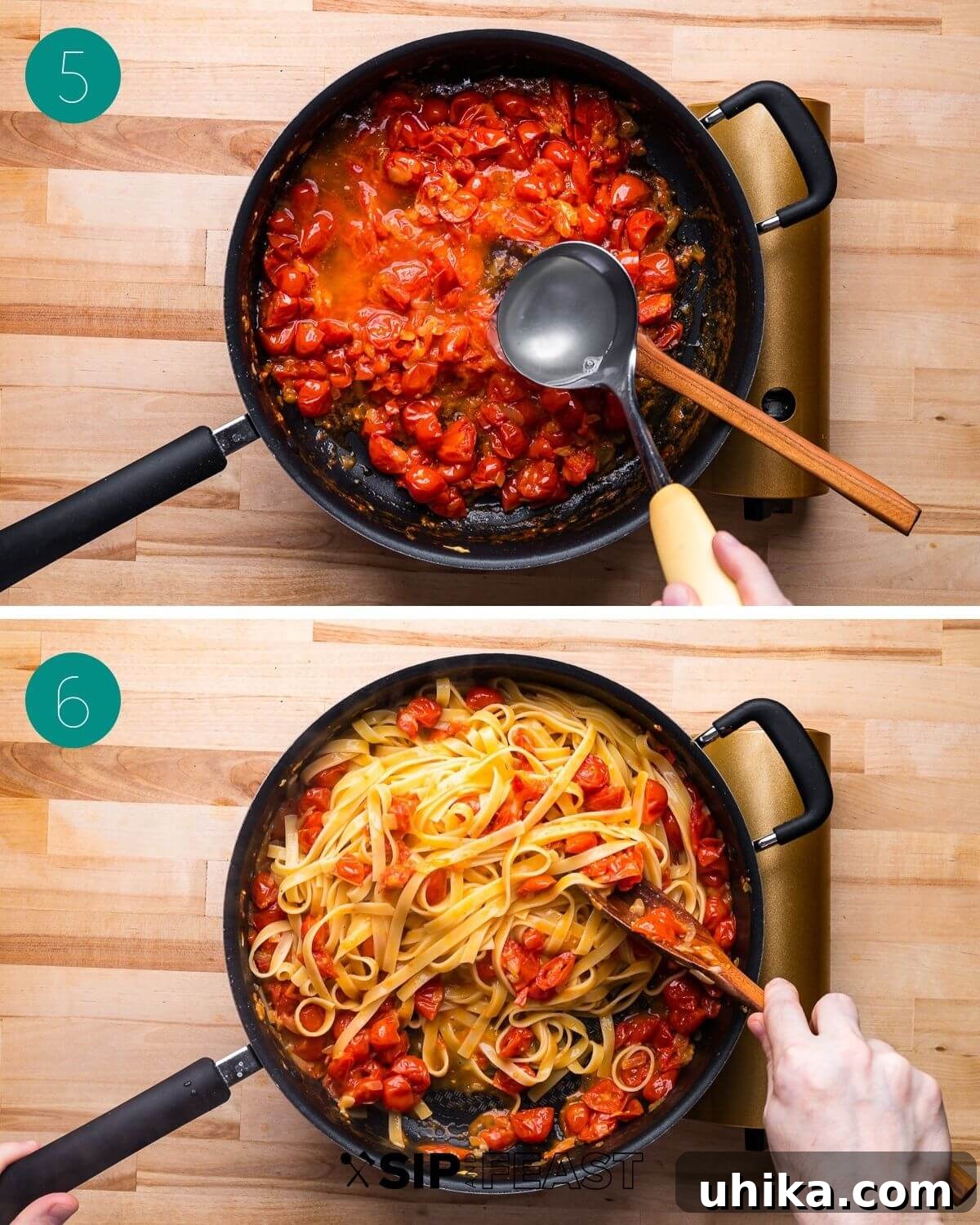Blushing Cherry Tomato Butter Fettuccine 6 A collage showing pasta being added to the tomato butter sauce and mixed.