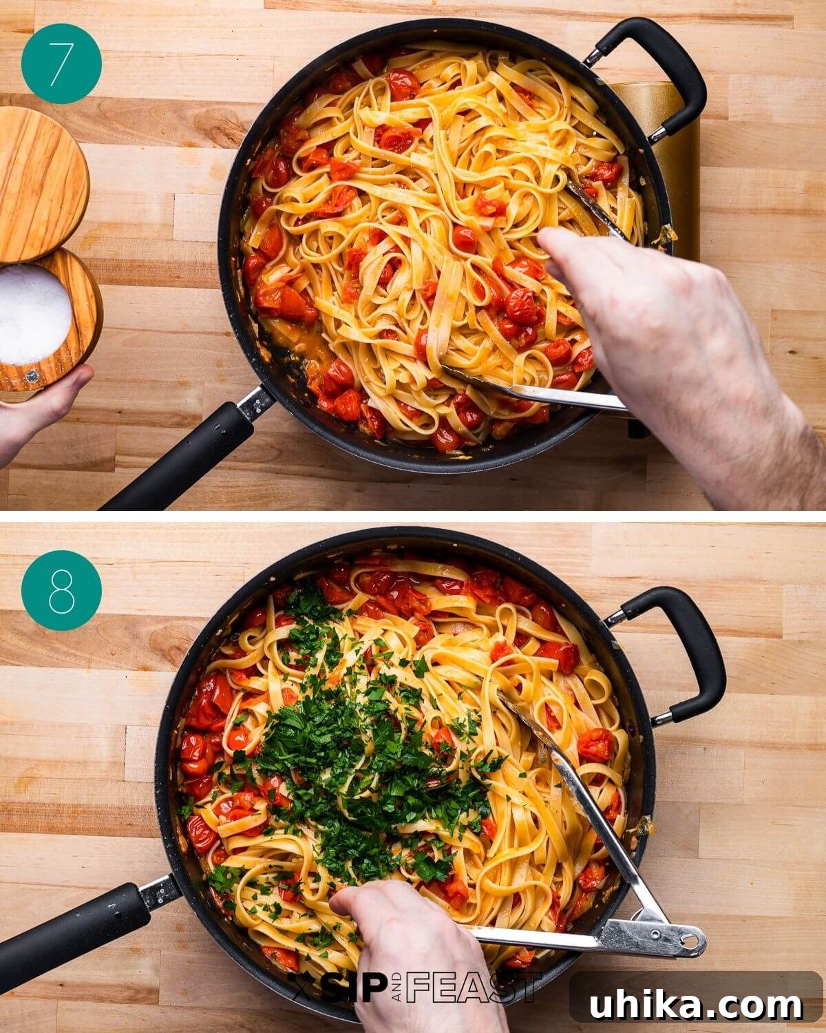 Blushing Cherry Tomato Butter Fettuccine 7 A collage showing the final plating and seasoning steps of the fettuccine recipe.