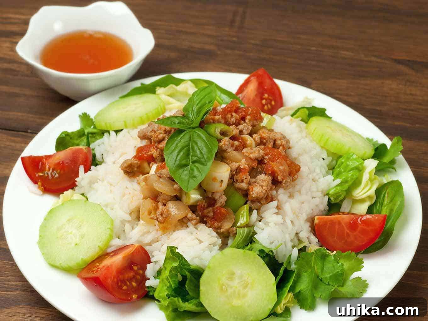 Savory Vietnamese Tomato Pork 3 Vietnamese Ground Pork with fresh vegetables, rice, and Nuoc Cham dipping sauce