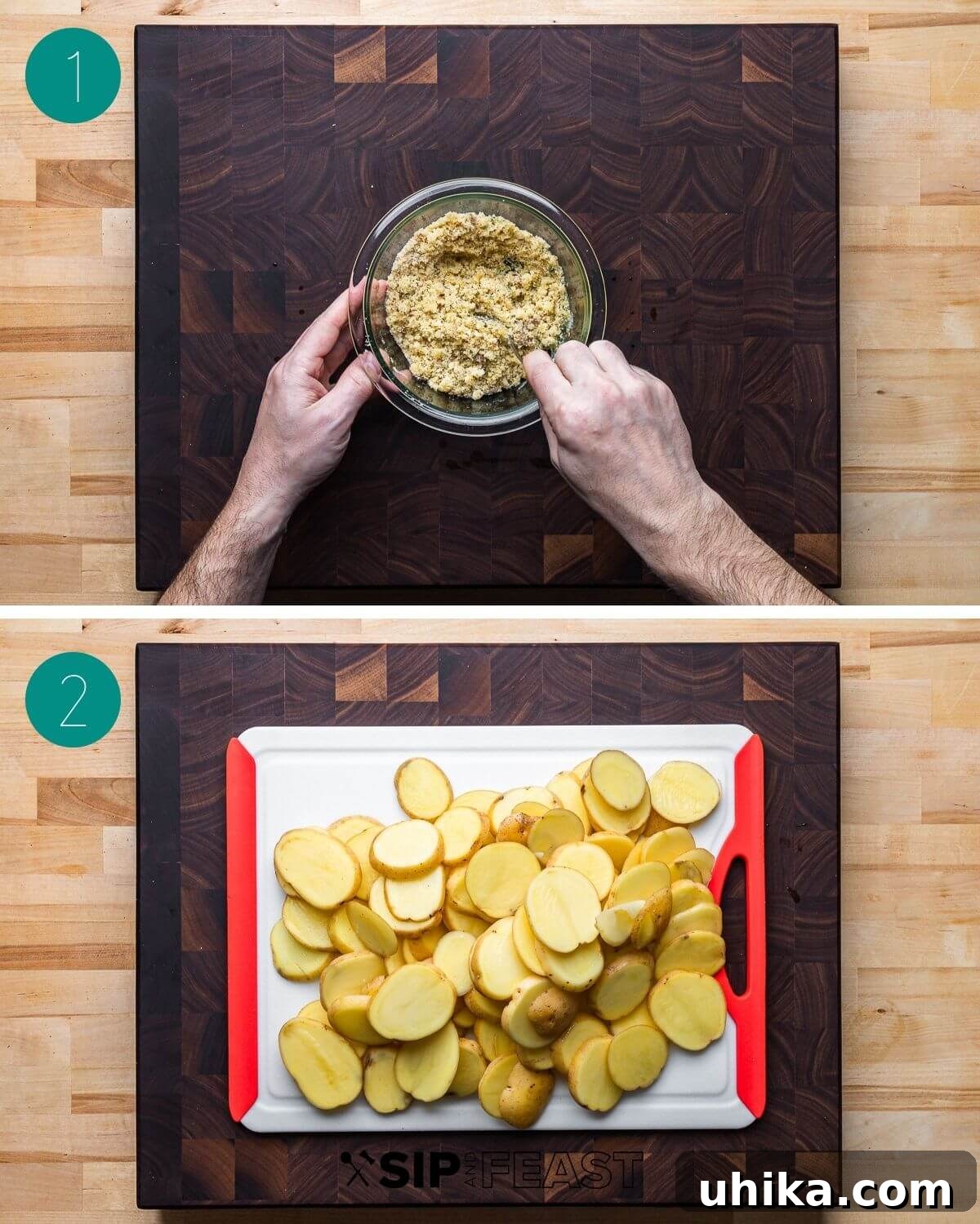 Hearty Italian Potato Gratin 4 Collage of process shots for making Italian potato casserole, showing ingredient prep and mixing.