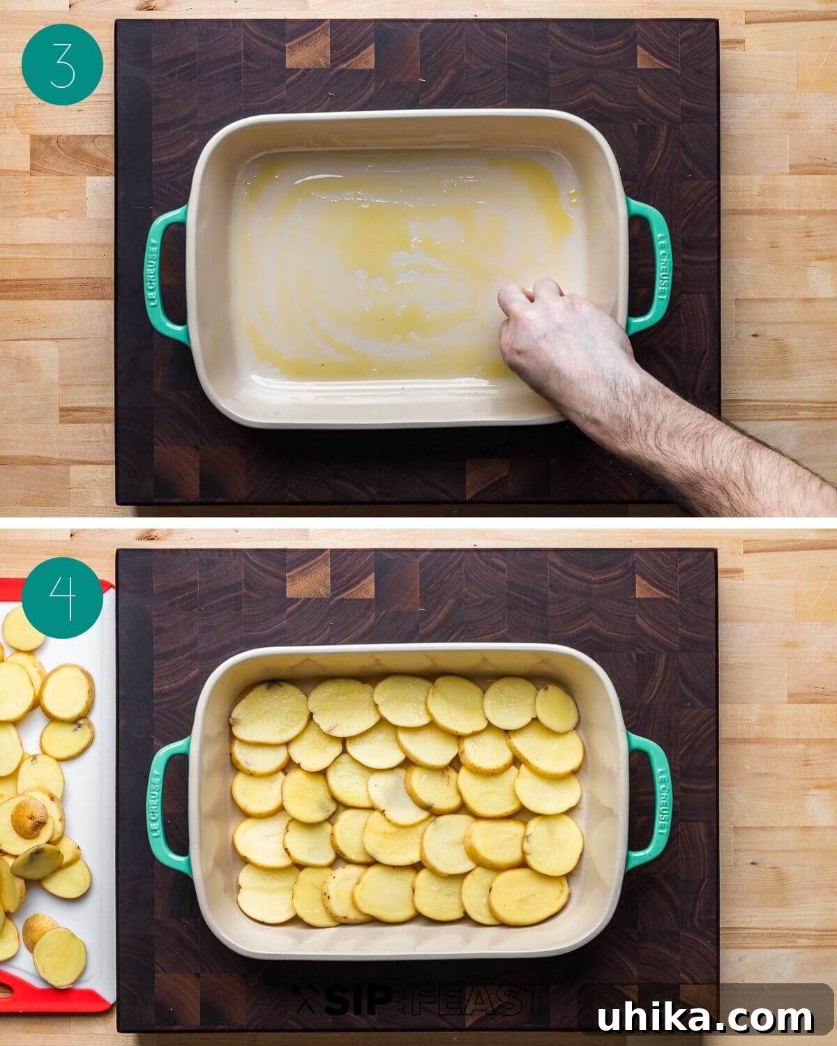 Hearty Italian Potato Gratin 5 Collage of process shots showing the layering of vegetables in the baking dish.
