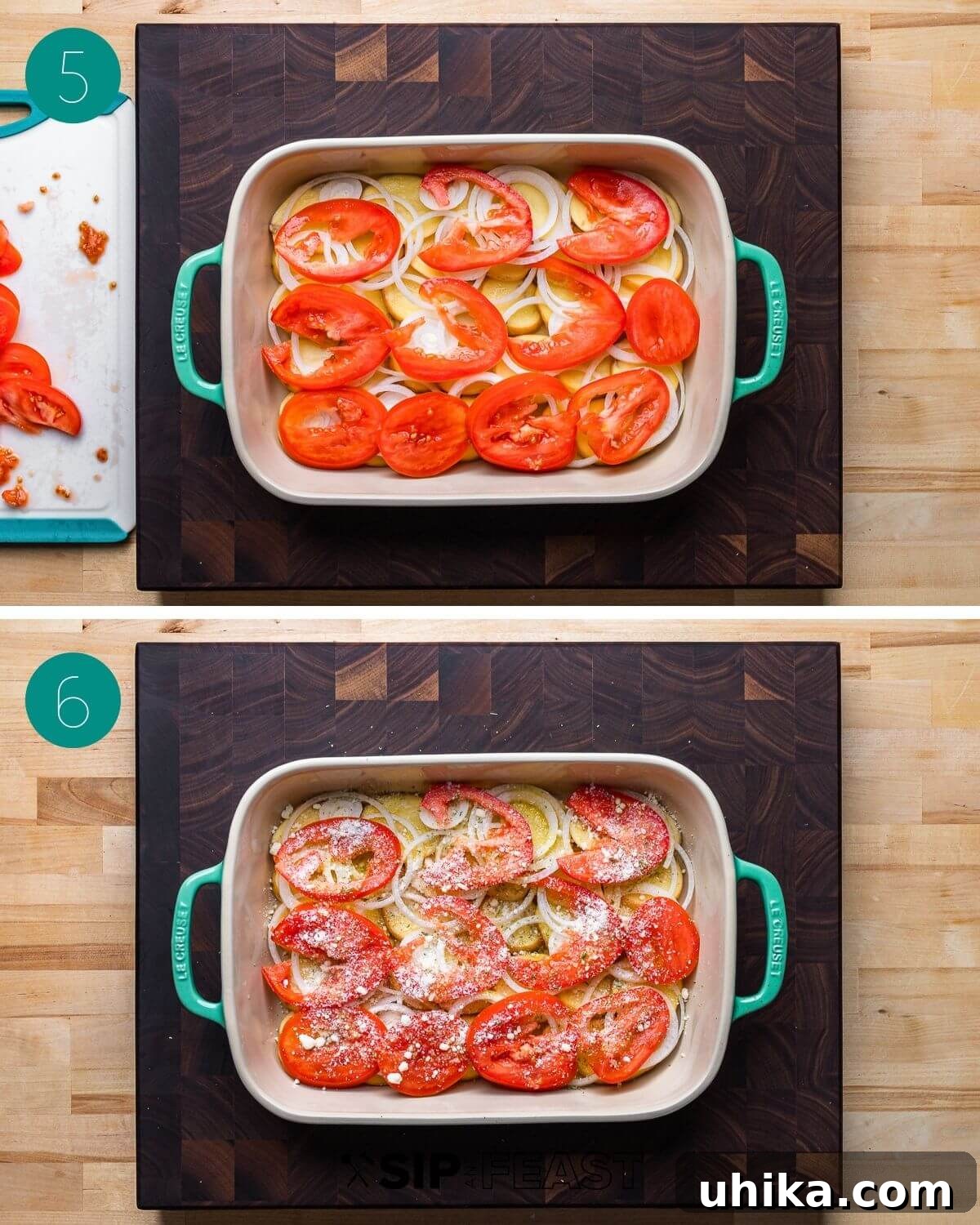 Hearty Italian Potato Gratin 6 Collage of process shots showing seasoning and more layering of the casserole ingredients.
