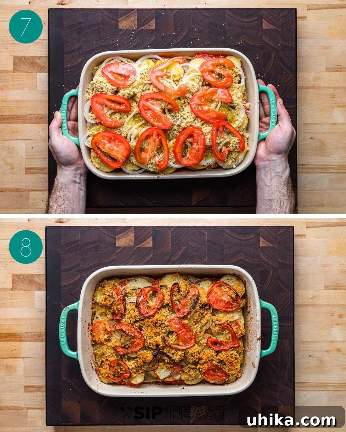 Hearty Italian Potato Gratin 7 Collage of process shots showing the casserole topped with breadcrumbs and ready for baking.