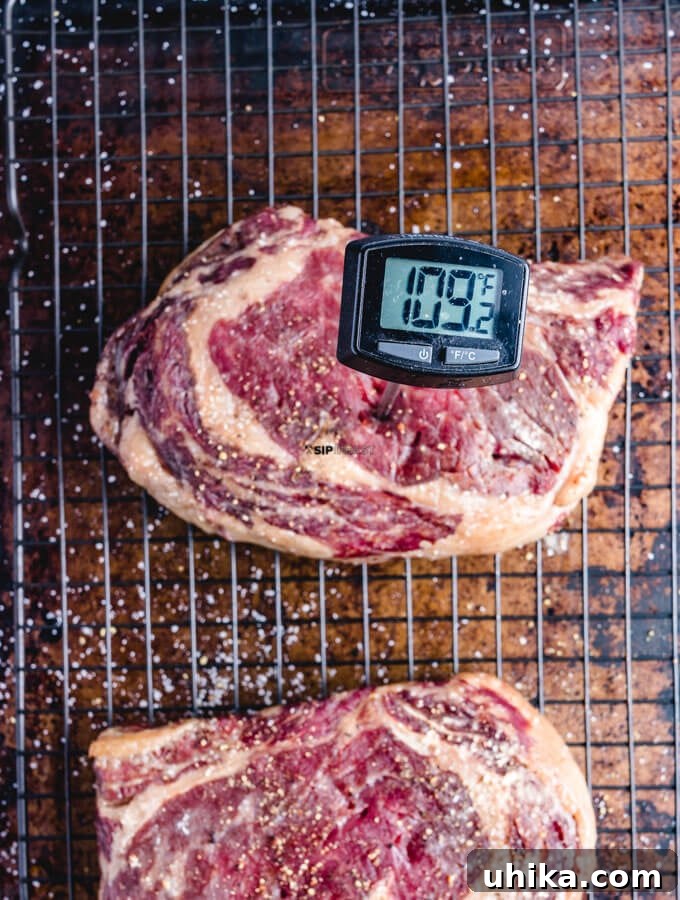 Reverse Seared Ribeye Steaks - sipandfeast.com #reversesear #ribeye #steak #dinner Ribeye steak at 109 degrees.