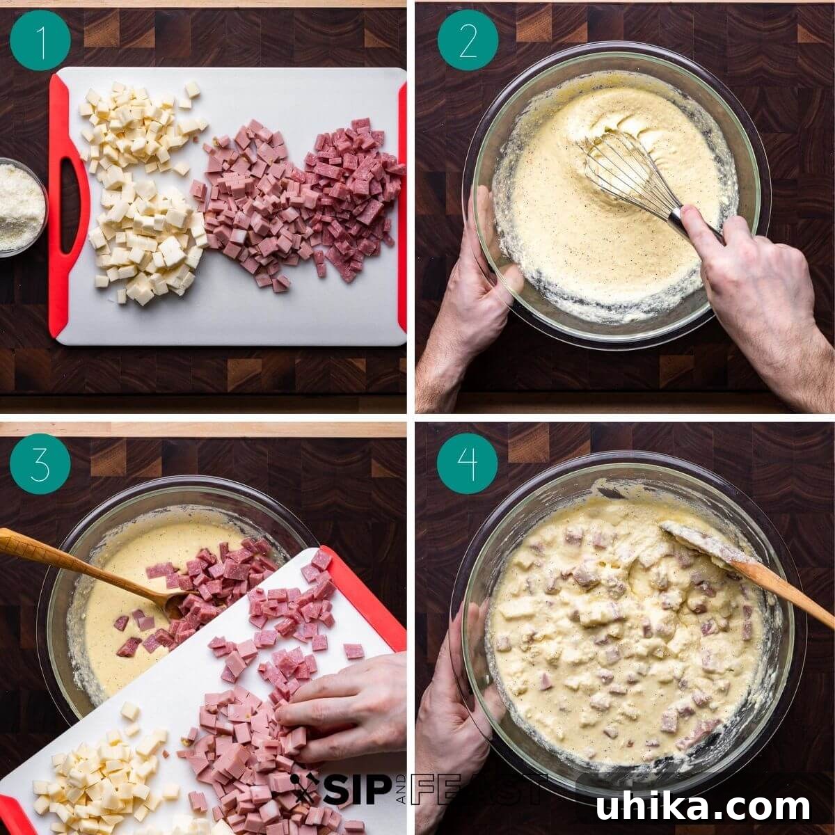 Rustic Italian Easter Feast Pie 6 Recipe collage of making the filling for pizzagaina.