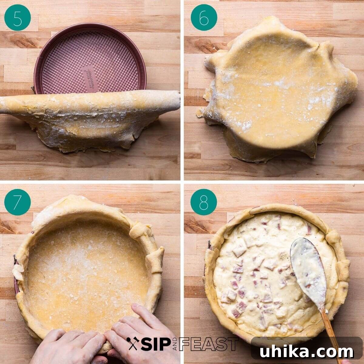 Rustic Italian Easter Feast Pie 8 Assembly process shot collage group number two.