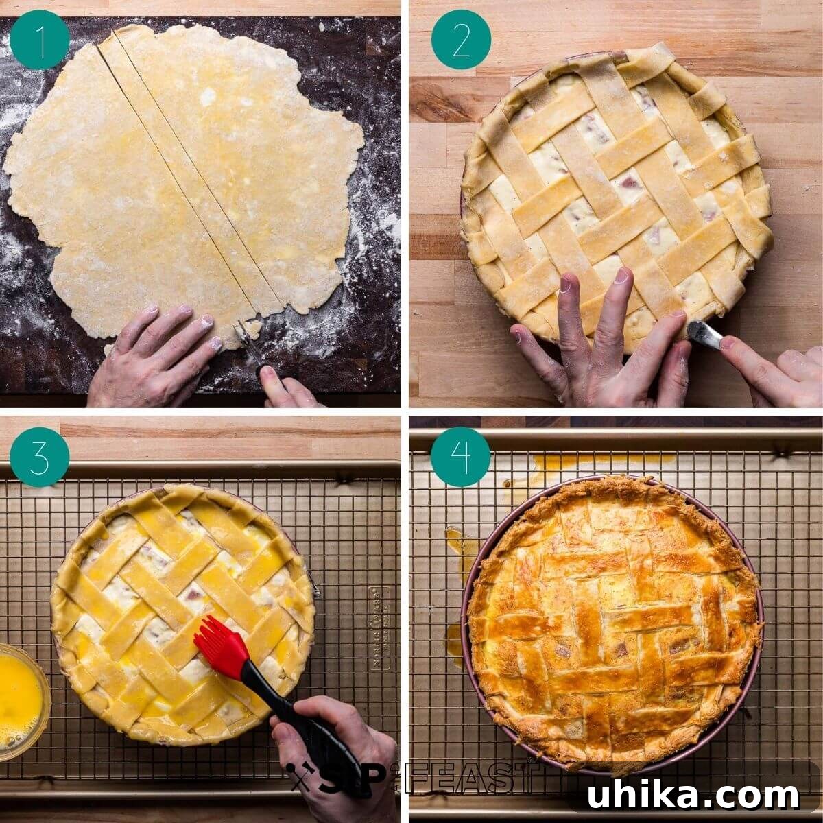Rustic Italian Easter Feast Pie 9 Lattice for pizza rustica recipe process shot collage.