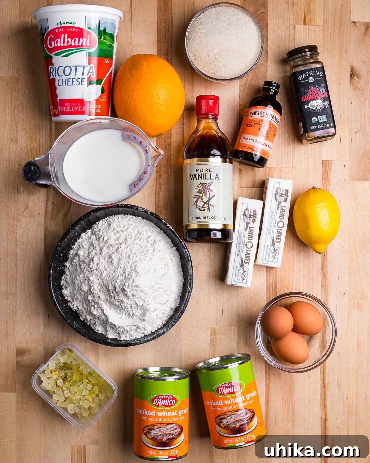 Naples' Signature Easter Dessert 4 Overhead shot of pastiera Napoletana ingredients.