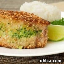Thai Peanut Crunch Chops 3 Close-up of a perfectly cooked Thai-Style Peanut and Panko-Crusted Pork Chop