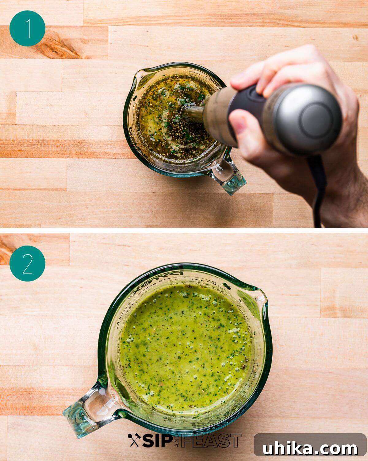 Creamy Gorgonzola & Spinach Pasta Salad 4 Collage of step-by-step images showing vinaigrette preparation for Spinach Gorgonzola Pasta Salad.