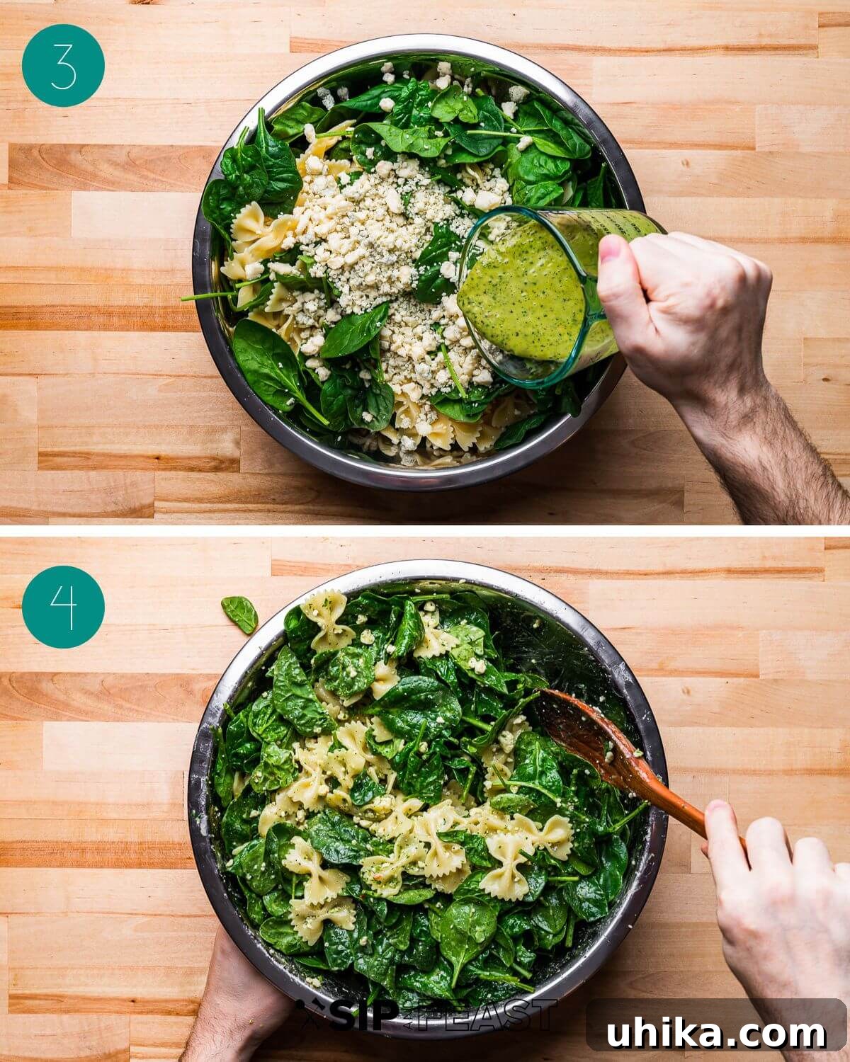 Creamy Gorgonzola & Spinach Pasta Salad 5 Collage of images showing the process of mixing pasta, spinach, and gorgonzola with dressing.