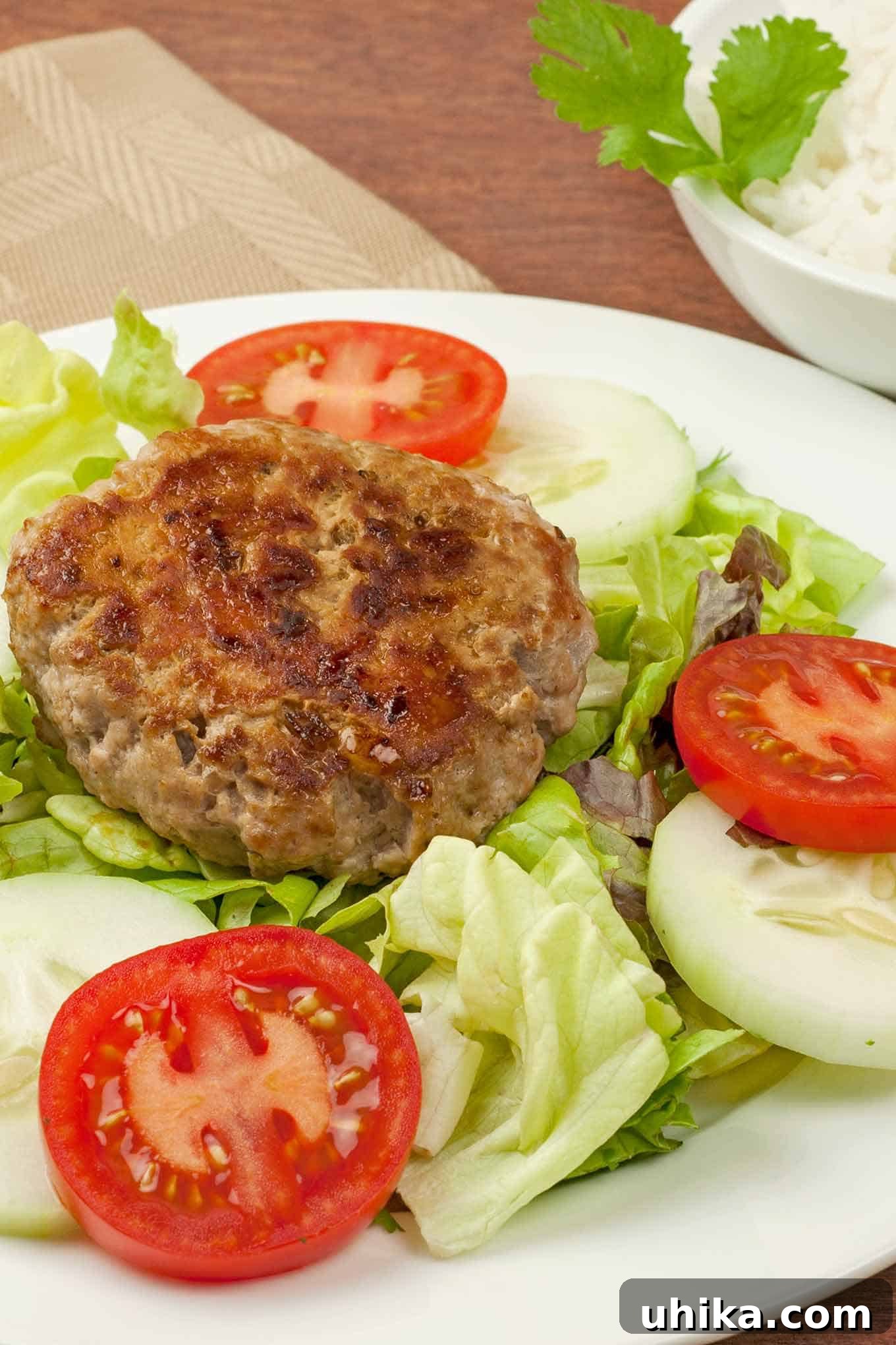 Savory Vietnamese Pork Patties with Zesty Dipping Sauce 2 Vibrantly seasoned Vietnamese pork patties, perfectly pan-fried and served with fresh lettuce, sliced cucumbers, and ripe tomatoes.