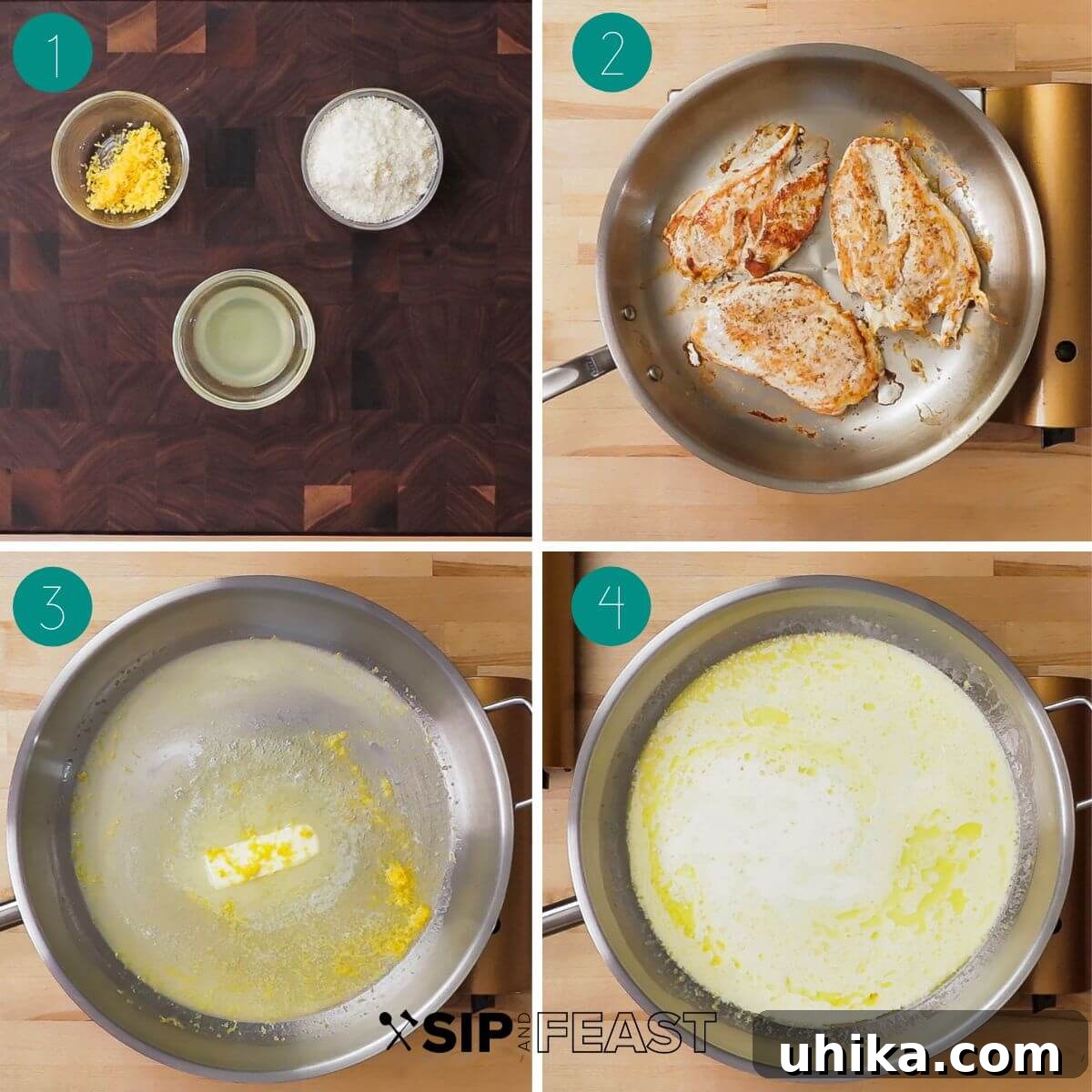 Luscious Lemon Chicken Pasta 4 Creamy lemon chicken pasta recipe process shot collage group number one.