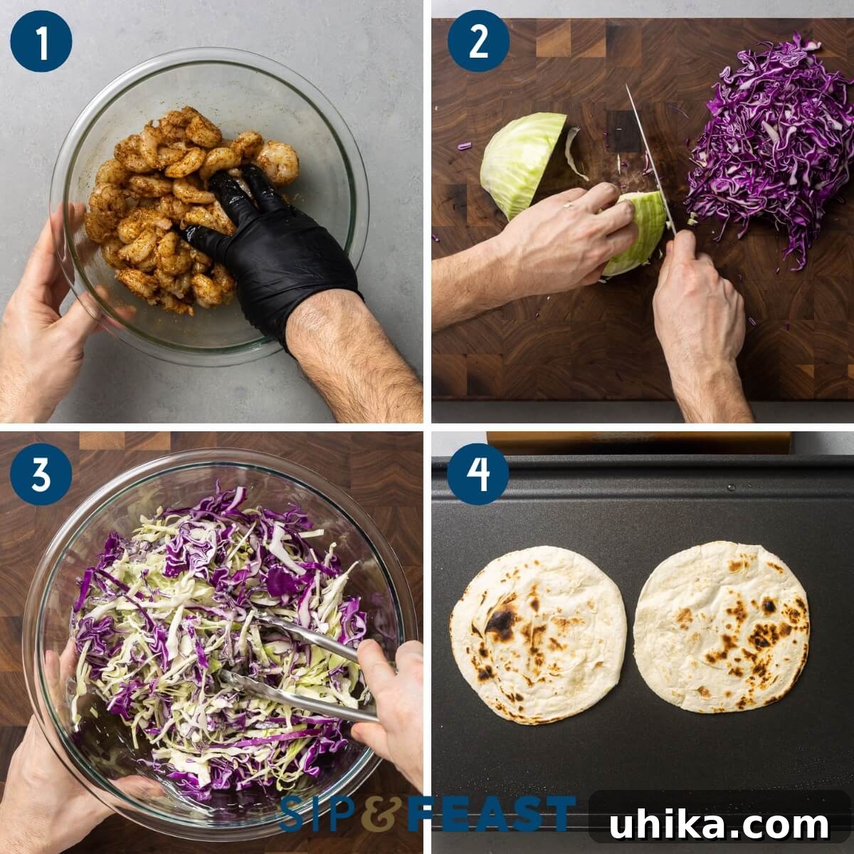 Fiery Shrimp Tacos with Cool Cilantro Jalapeno Crema 4 A visual guide to the initial steps of making spicy shrimp tacos: seasoning shrimp in a bowl, finely slicing cabbage for the slaw, mixing the prepared cabbage with the creamy sauce, and charring tortillas on a griddle for perfect warmth.