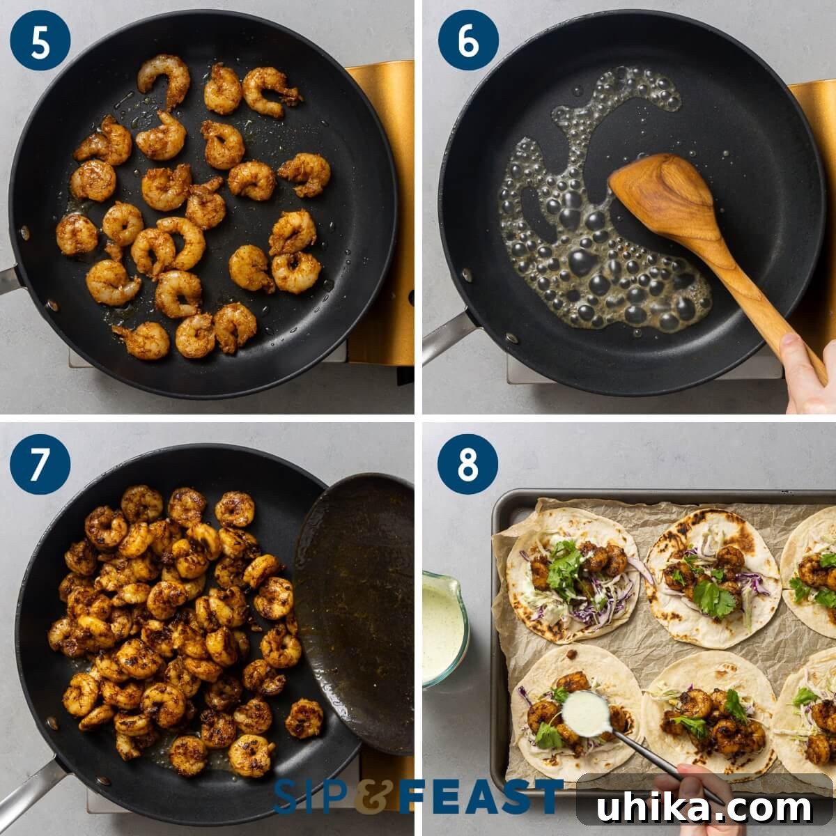 Fiery Shrimp Tacos with Cool Cilantro Jalapeno Crema 5 A second visual collage detailing the cooking process: shrimp sizzling in a skillet, deglazing the pan with tequila, tossing the cooked shrimp in the tequila mixture, and a beautifully assembled taco topped with creamy jalapeño sauce.