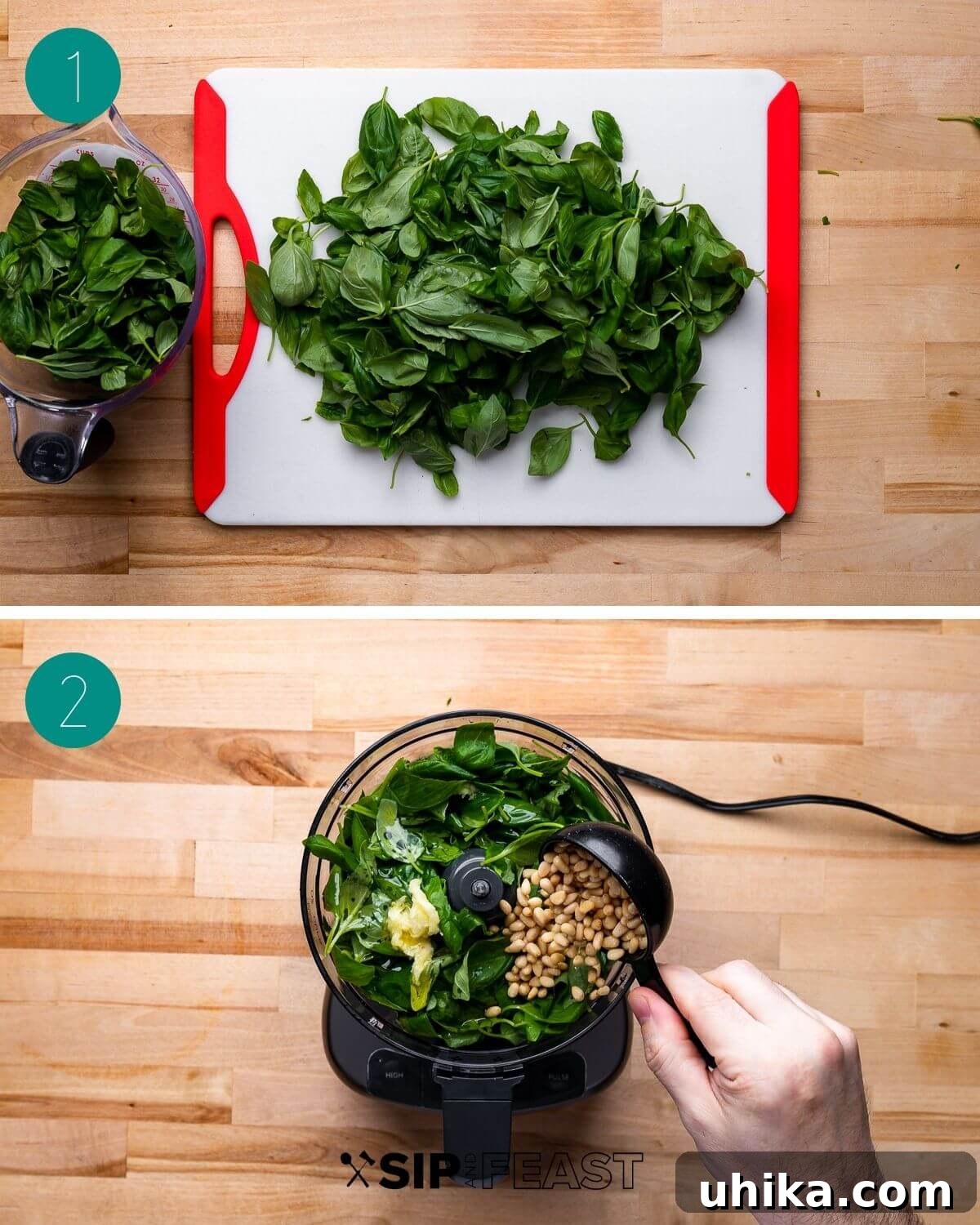 Basil Pesto Chicken Pasta 4 Chicken pesto pasta salad recipe process shot collage group number one. Images show basil leaves, cooking pasta, and the initial blending of pesto ingredients.