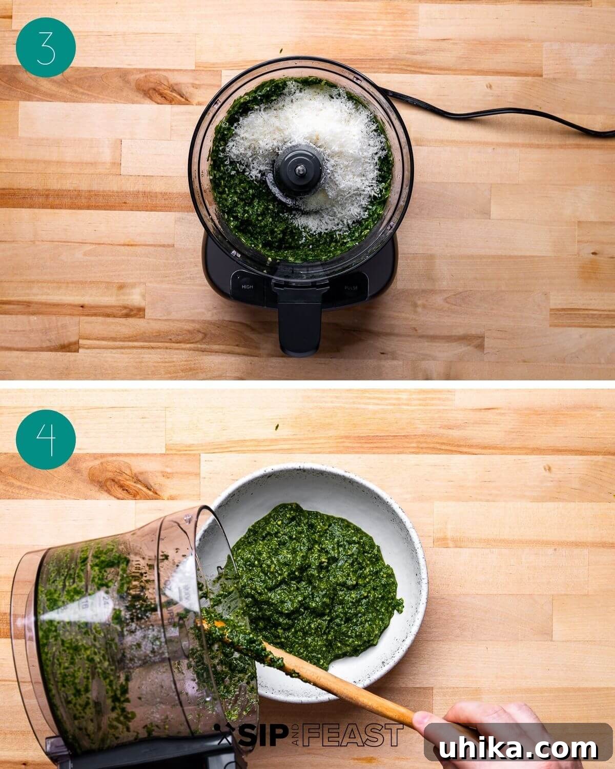 Basil Pesto Chicken Pasta 5 Recipe process shot collage group number two. Images show pesto blending, cheese being added to the pesto, and the finished pesto in a bowl.