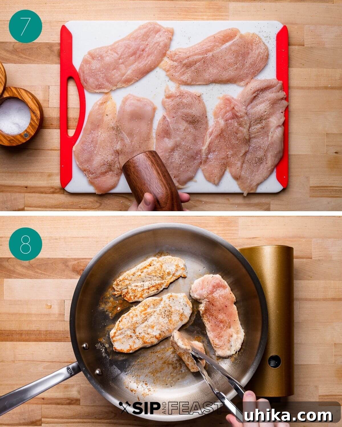 Basil Pesto Chicken Pasta 7 Recipe process shot collage group number four. Images show chicken searing in a pan and cooked chicken resting on a cutting board.