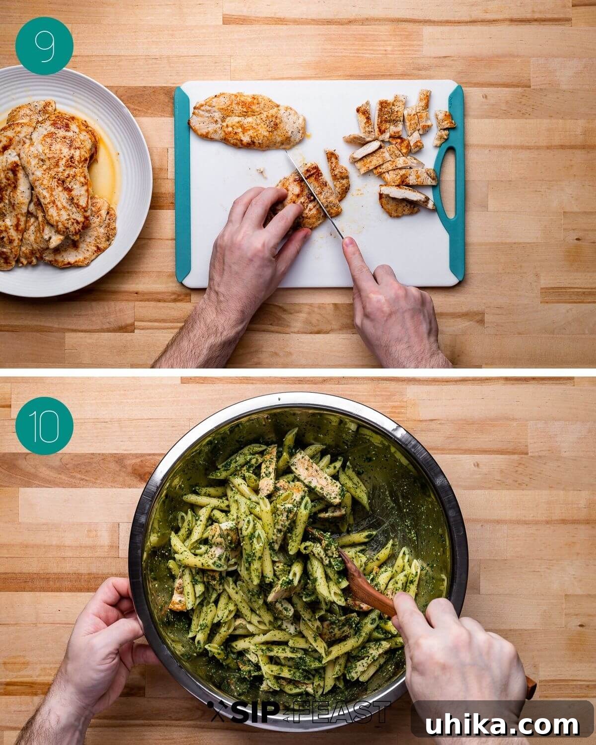 Basil Pesto Chicken Pasta 8 Recipe process shot collage group number five. Images show sliced chicken being combined with cooked pasta and pesto in a large bowl.