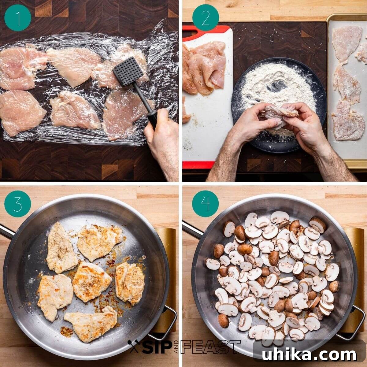 Chicken with Spinach and Mushroom Medley 4 Collage showing first steps of spinach mushroom chicken: pounding chicken, seasoning, dredging in flour.