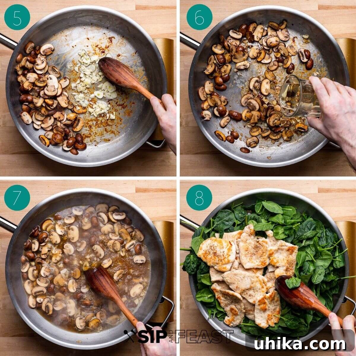 Chicken with Spinach and Mushroom Medley 5 Collage showing mid-cooking process for spinach mushroom chicken: searing chicken, browning mushrooms, and starting the sauce.