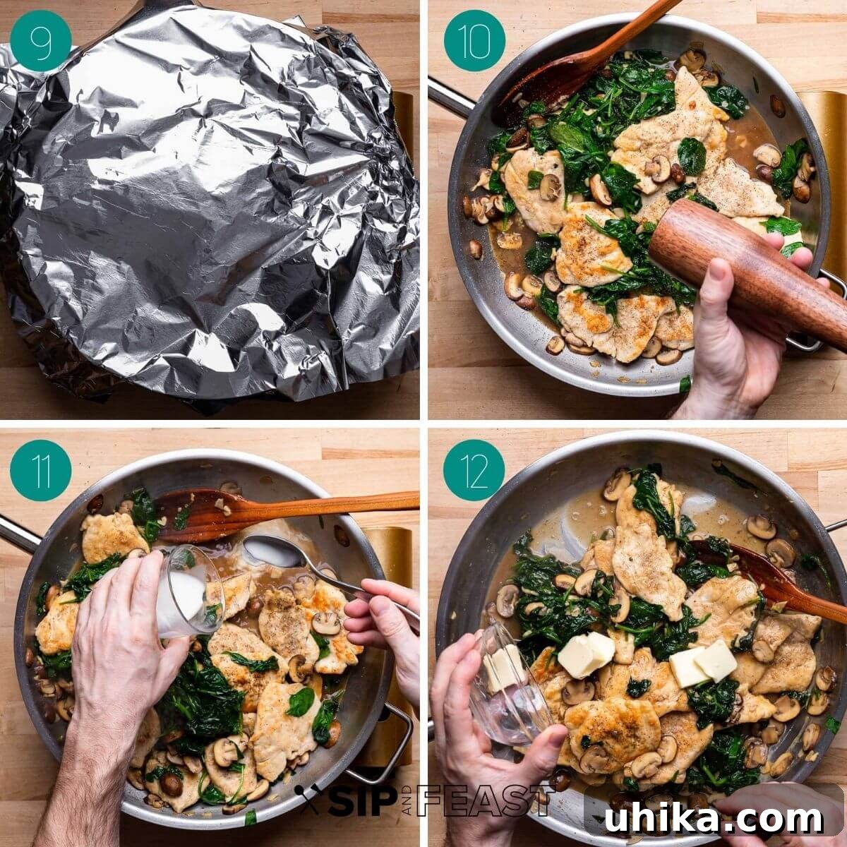 Chicken with Spinach and Mushroom Medley 6 Collage showing final steps for spinach mushroom chicken: adding spinach, simmering sauce, and mixing in butter.