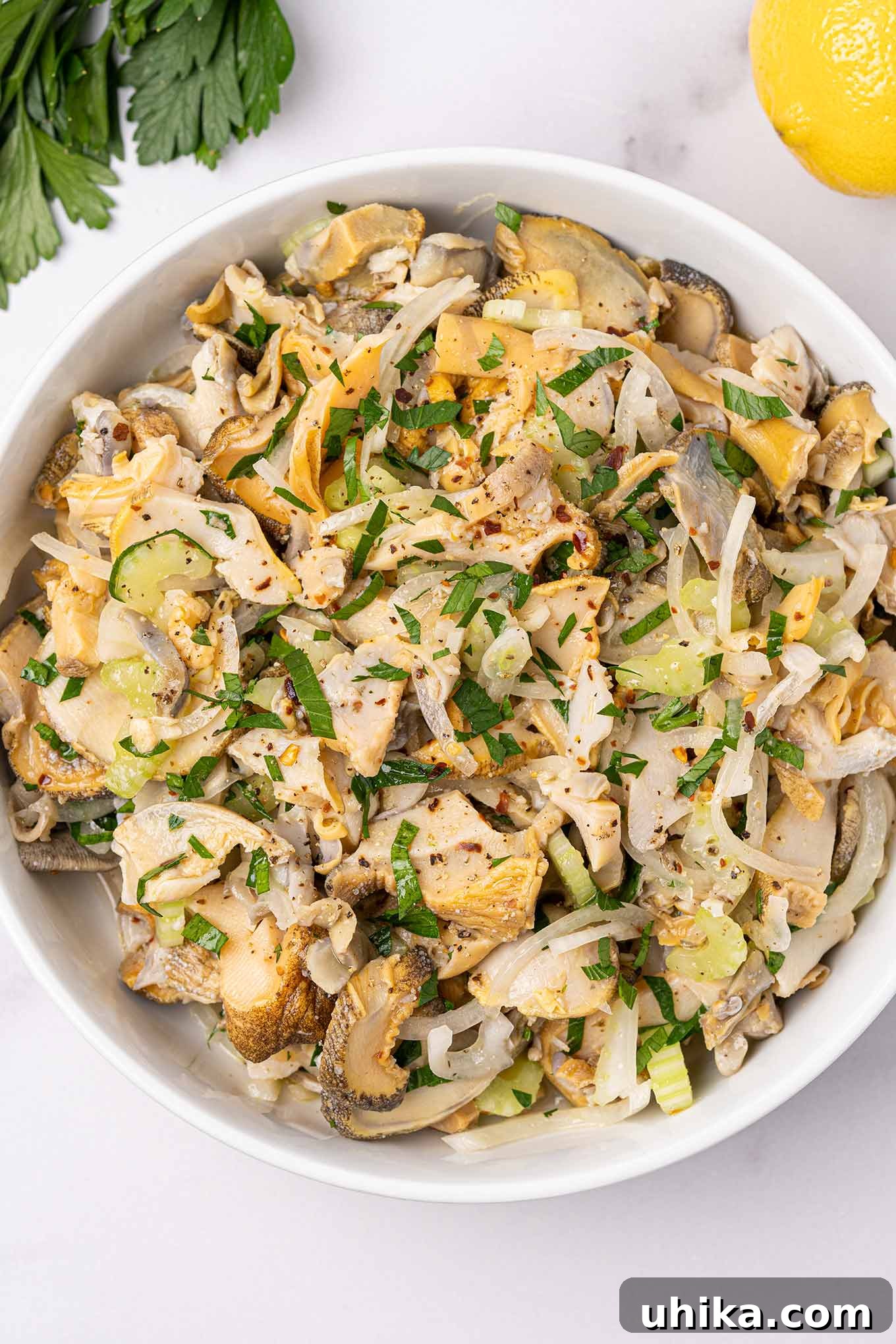 Mediterranean Scungilli Salad 2 Scungilli salad in a bowl, featuring tender sea snails, diced celery, onion, and a sprinkle of red pepper flakes for a touch of heat.
