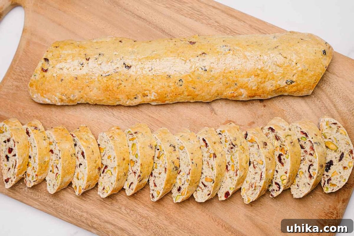 Jeweled Cranberry Pistachio Biscotti 5 Two logs of cranberry pistachio biscotti on a wooden cutting board after the first baking, one cut into slices, the other still whole.