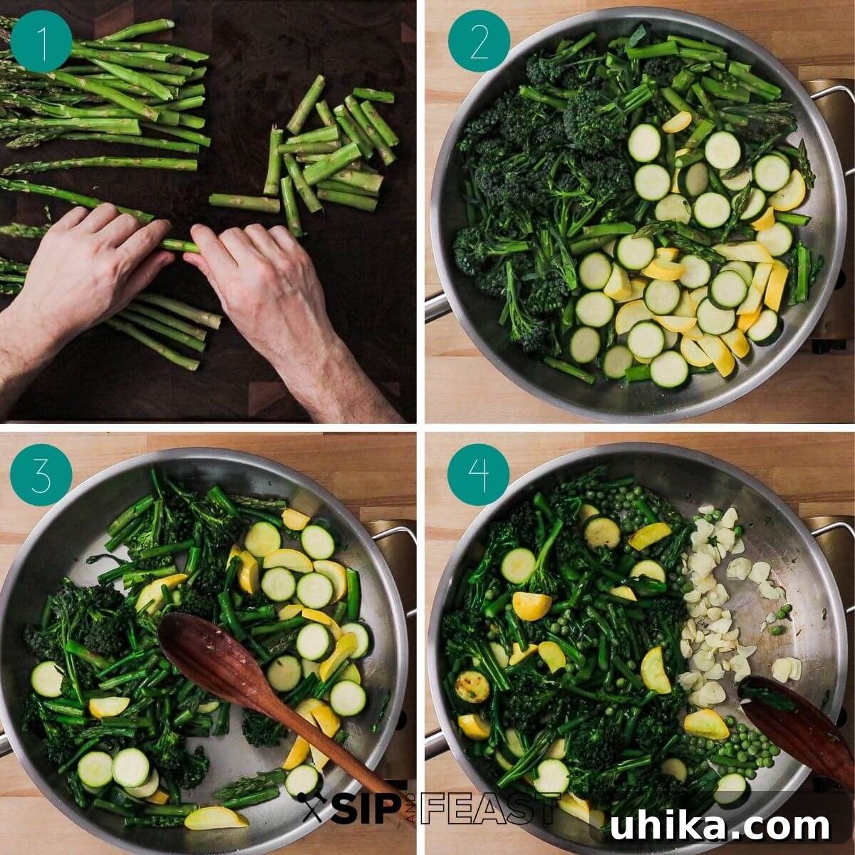 Spring Garden Rigatoni 3 A collage showing the initial steps of preparing Rigatoni Primavera, including chopping vegetables, and sautéing them in a large pan with olive oil.