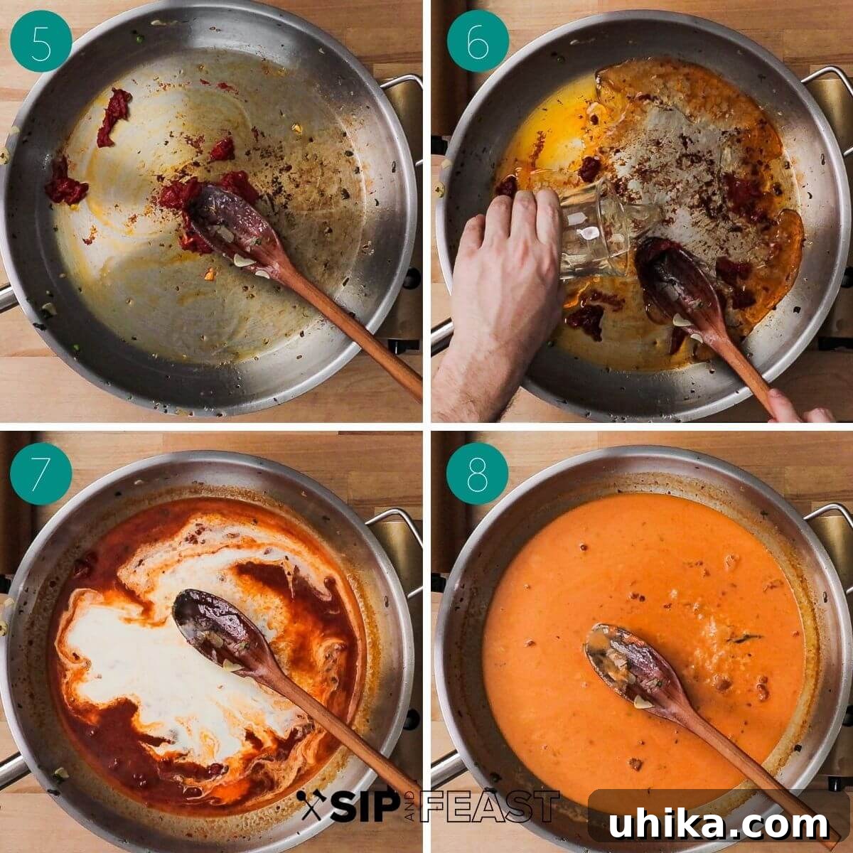 Spring Garden Rigatoni 4 A two-part collage showing process steps: first, sautéing tomato paste in a pan, and second, adding white wine and deglazing the pan with a wooden spoon.