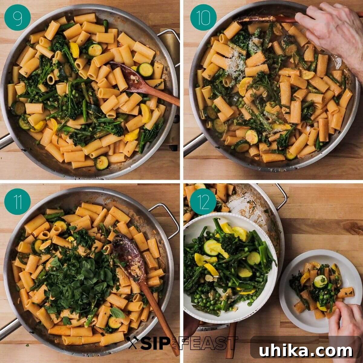Spring Garden Rigatoni 5 A three-part collage illustrating the final steps of Rigatoni Primavera: combining pasta with sauce, adding cheese and herbs, and the finished dish in the pan.