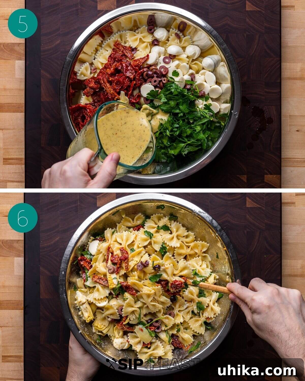 Mediterranean Sun-Dried Tomato and Artichoke Pasta Salad 6 Process shot 3: Pouring the vinaigrette over the colorful pasta and ingredient mixture and tossing to combine for a perfectly dressed salad.